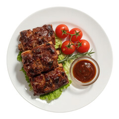 Delicious bbq pork ribs with sauce and tomatoes