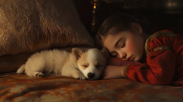 57. Real puppy sleeping next to a child