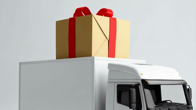 Delivery truck carrying gift box tied with red ribbon for holiday event or special occasion on light background