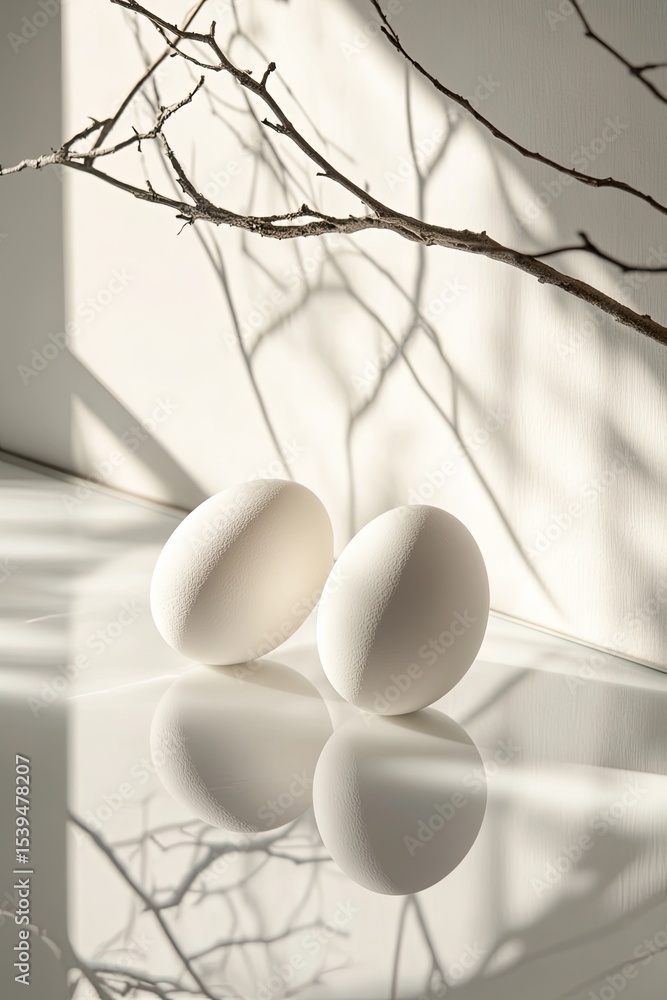 Poster two white eggs rest on a reflective surface, illuminated by sunlight filtering through a bare branch