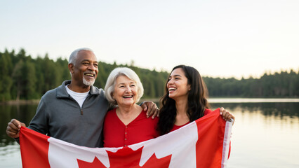 Laughing diverse family holding a Canadian flag by a lake. Multicultural Canada concept.
