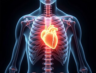 Human circulatory system with the heart and major blood vessels shown inside a transparent skeleton - perfect for educational, medical, and anatomical visuals highlighting internal body function.