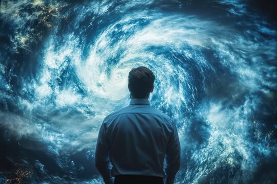 Man standing and facing a swirling cosmic galaxy with bright blue and white clouds in a deep space environment conveying wonder and contemplation