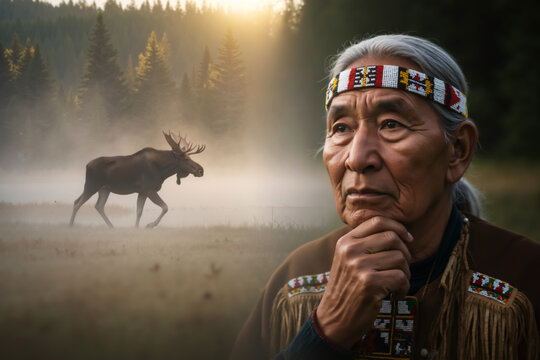 Composite portrait of an Indigenous elder and a moose in a misty forest. Canadian wilderness and First Nations heritage.