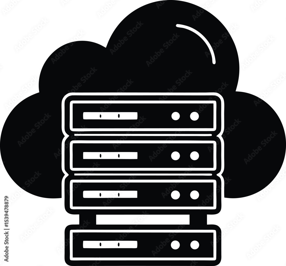 Poster black and white cloud computing silhouette server with data hosting illustration