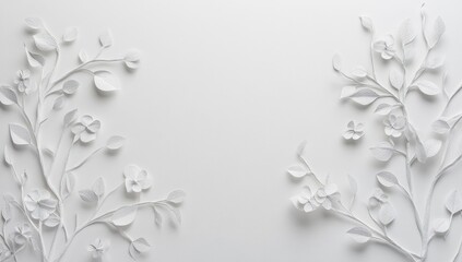 White paper cut flowers and branches on a plain background