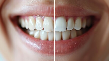 Obraz premium Before and after transformation of teeth after professional whitening split screen effect minimal clean background