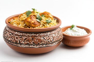 Clay pot biryani with chicken and raita