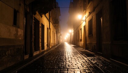 Fototapeta premium Foggy cobblestone street at night.
