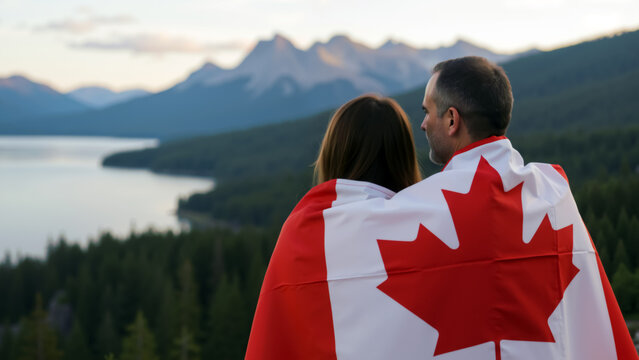 Couple wrapped together in a Canadian flag looking at a scenic mountain and lake view. For greeting card, banner, poster. Canada day - Powered by Adobe