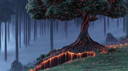 Mystical forest tree with glowing roots