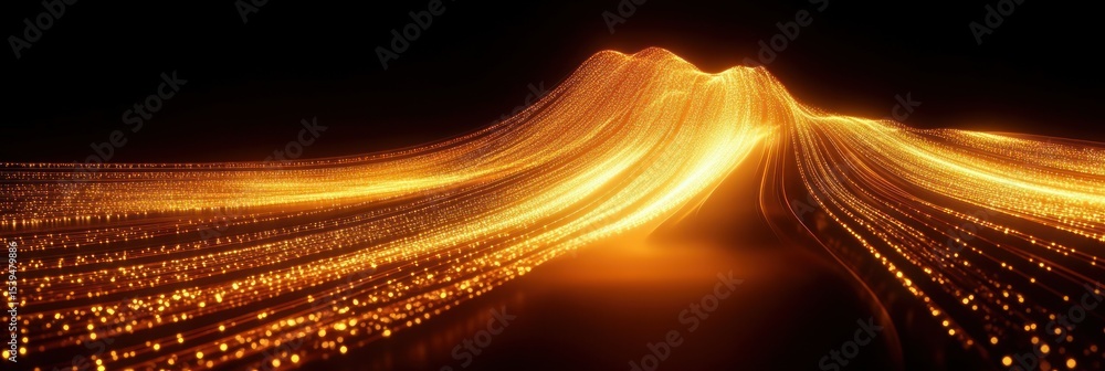 Poster glowing golden light trails flowing and arching over a dark background creating a dynamic, radiant w