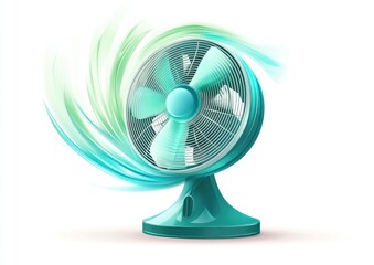 Teal table fan with swirling teal and mint-green air currents, realistic 3D style