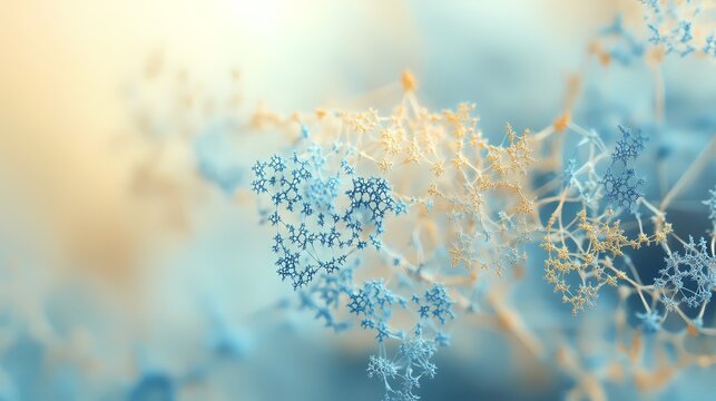 Gossamer-like fractal threads in subtle blue and golden cream drifting over a quiet blurred background, 
