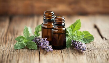 Two amber glass bottles of essential oil, surrounded by fresh lavender and mint sprigs, sit on a rustic wooden table