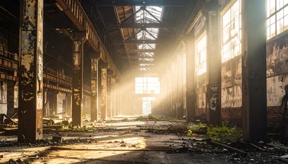 Fotobehang Sunlit Abandoned Factory Interior. © Akun