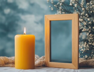 Empty frame, yellow candle, soft light,  white flowers