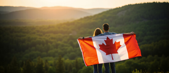 Couple holding a Canadian flag together, watching the sunset over a forest valley. Love and patriotism concept. Canada day.