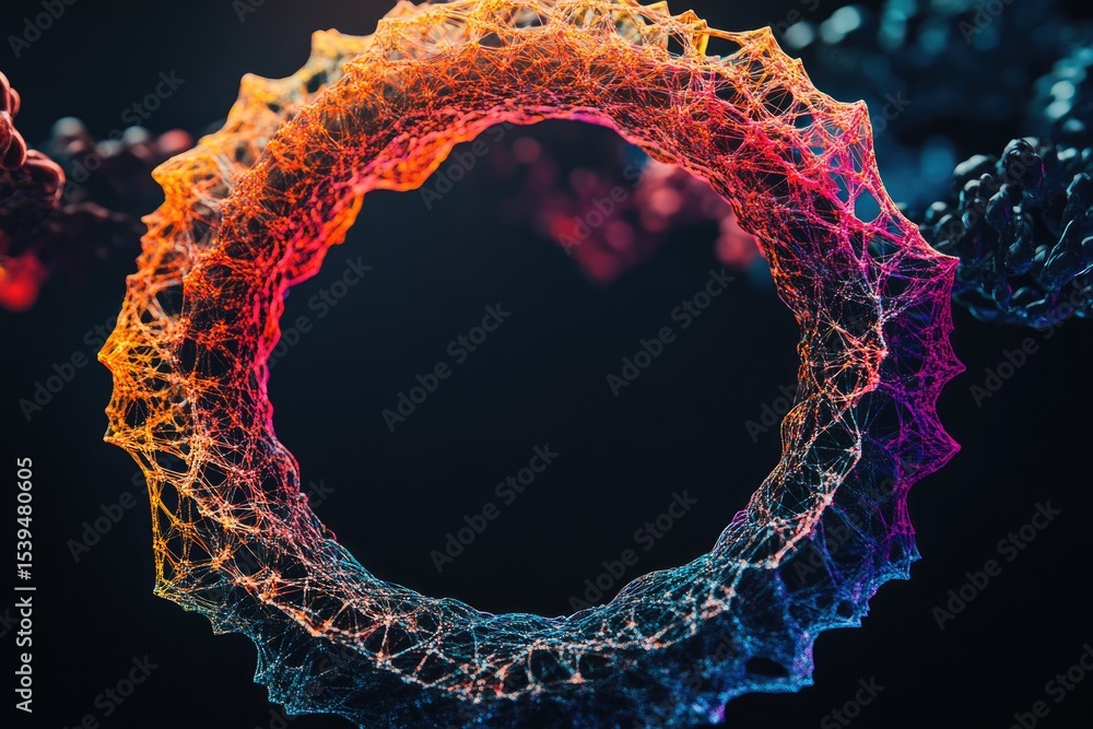 Poster abstract circular artwork with vibrant, multicolored, interconnected lines and nodes against a dark 