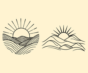 Minimalist Sun Line Art Vector – Abstract Sunrise with Rays for T-shirt, Coloring Book & Wall Art