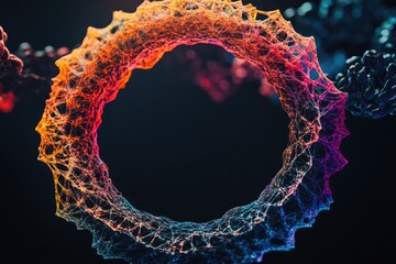 Abstract circular artwork with vibrant, multicolored, interconnected lines and nodes against a dark background