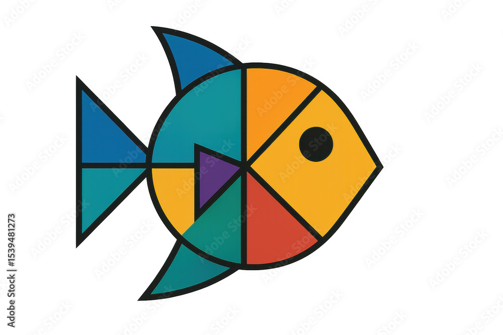 Poster geometric fish formed by colorful triangles and circles, creating a vibrant and abstract design on a