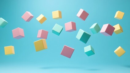 Pastel-colored cubes in mid-air against a light blue background