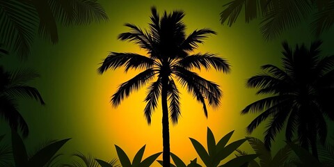Fototapeta premium Dark silhouette of a large oil palm tree against an abstract tropical pattern, tropical, frond