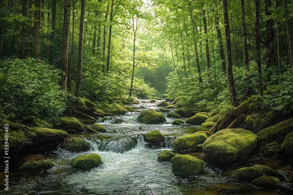 Poster calm forest stream flowing over moss-covered rocks surrounded by dense green trees with sunlight fil