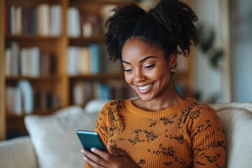 Smiling young woman with curly hair wearing an orange sweater sitting on a sofa and looking at a smartphone in a cozy room with bookshelves in the background