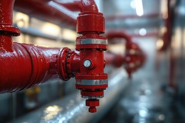 Close-up view of a shiny red industrial pipe with a pressure gauge in a mechanical room with blurred background pipes