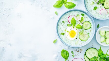 Summer Gazpacho: The image showcases a refreshing and vibrant chilled summer gazpacho, beautifully garnished with fresh cucumber slices, basil leaves, radish and a perfectly boiled egg.