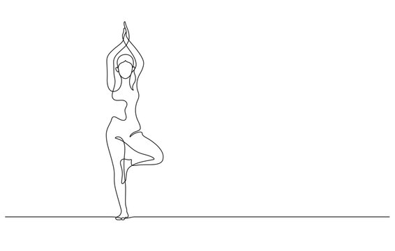 woman exercising yoga standing tree pose one line drawing continuous hand drawn minimalism copy space