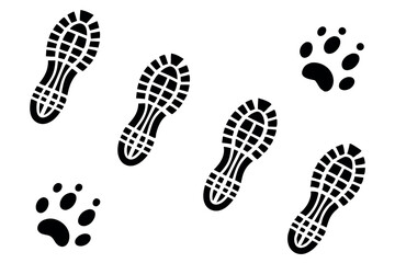 Vector illustration of human footprints and animal paw prints in black