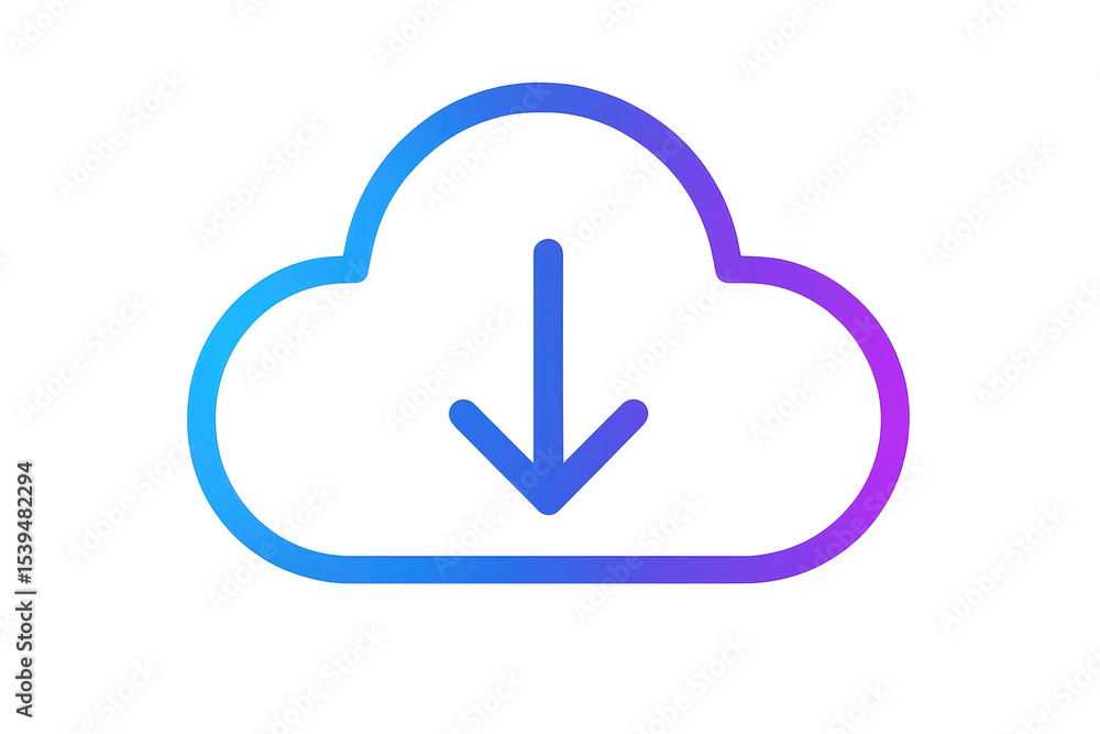 Poster gradient download icon inside a cloud shape representing downloading data from cloud storage, on a t