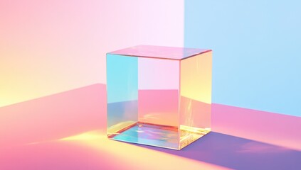 Fototapeta premium Transparent cube on pastel backdrop