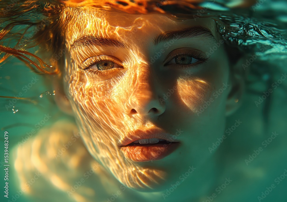 Aufkleber close-up of a woman's face partially submerged in water with sun rays creating shimmering light patt