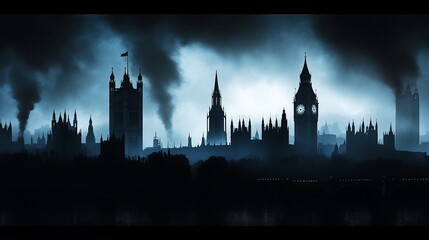 Dramatic Silhouette of London Skyline Under a Moody Sky with Smoke