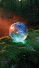 Mystical orb nestled in mossy rock