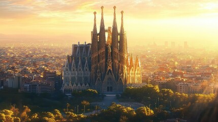 Large ornate cathedral with tall spires illuminated by golden sunset light overlooking an expansive cityscape with surrounding greenery