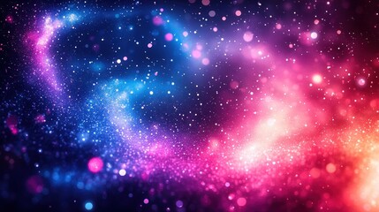 Vibrant colorful sparkling particles floating in a dark space creating a cosmic and magical atmosphere with blue, purple, pink, and orange hues