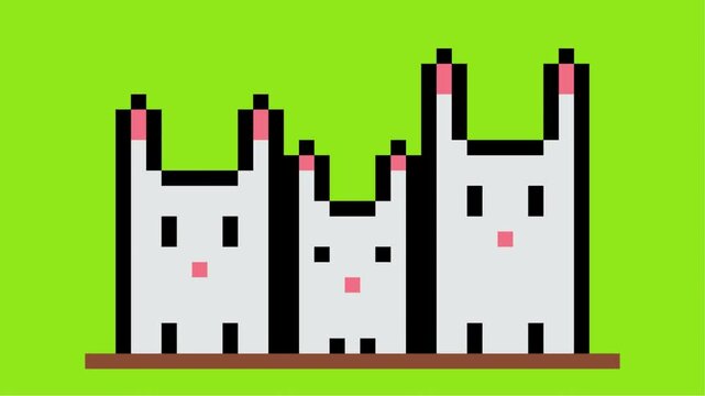 cute three rabbit pixel art on green and white screen animation