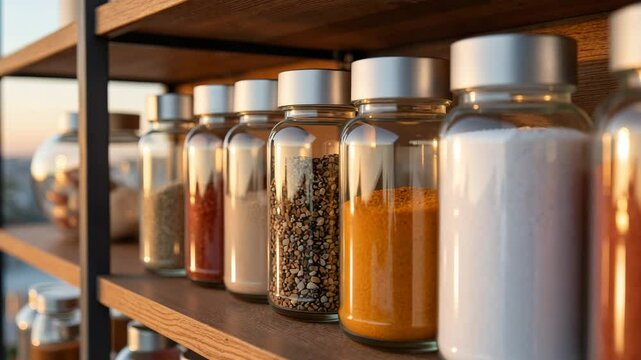 Glass jars of spices and condiments arranged on wooden shelf  