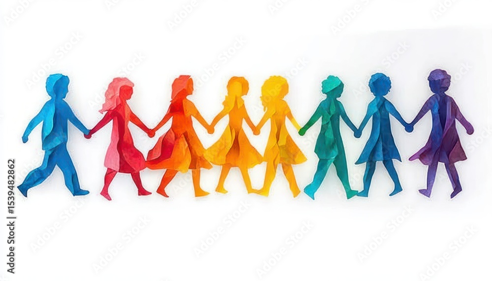 Poster colorful paper cutout figures of people holding hands in a row displaying unity and diversity with a