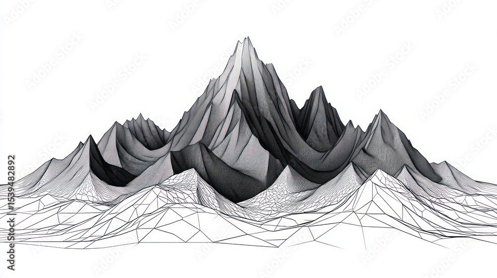 Poster monochrome digital wireframe mountain range with sharp peaks and shaded valleys against white backgr