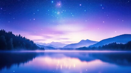 Fototapeta premium Starry Night Serenity: A tranquil, breathtaking landscape of a serene lake reflects a vast, starry sky, capturing the essence of peace and the beauty of the cosmos.