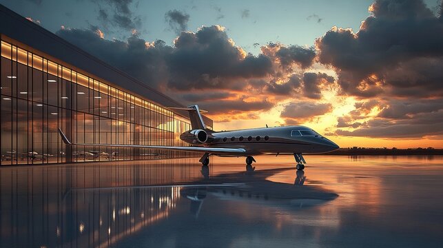 Private jet parked on wet tarmac outside modern glass hangar during colorful sunset with dramatic clouds reflecting on the ground
