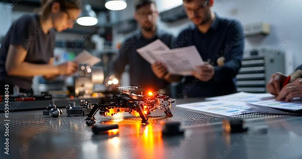 Aufkleber team of engineers working on a small illuminated robot in a workshop setting. metal table, blueprint