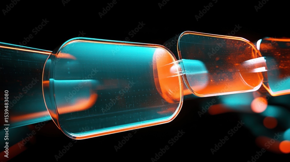 Poster close-up view of interconnected translucent rectangular capsules with glowing orange and cyan highli