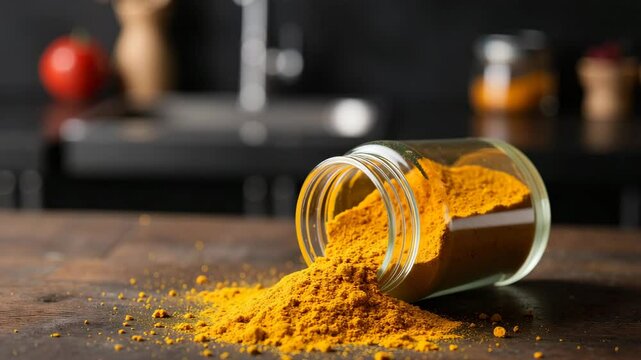 Ground turmeric spilling from jar on wooden kitchen table  